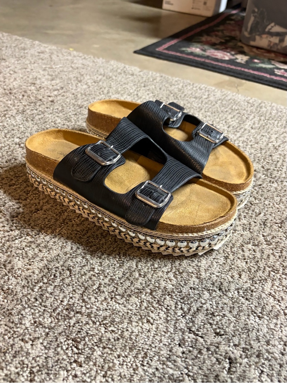 Double Buckle Platform Espadrille Slides in Black 39